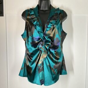 Vintage Tahari Y2K Floral Watercolor Blouse Top Size Large Teal Ruffle Babydoll